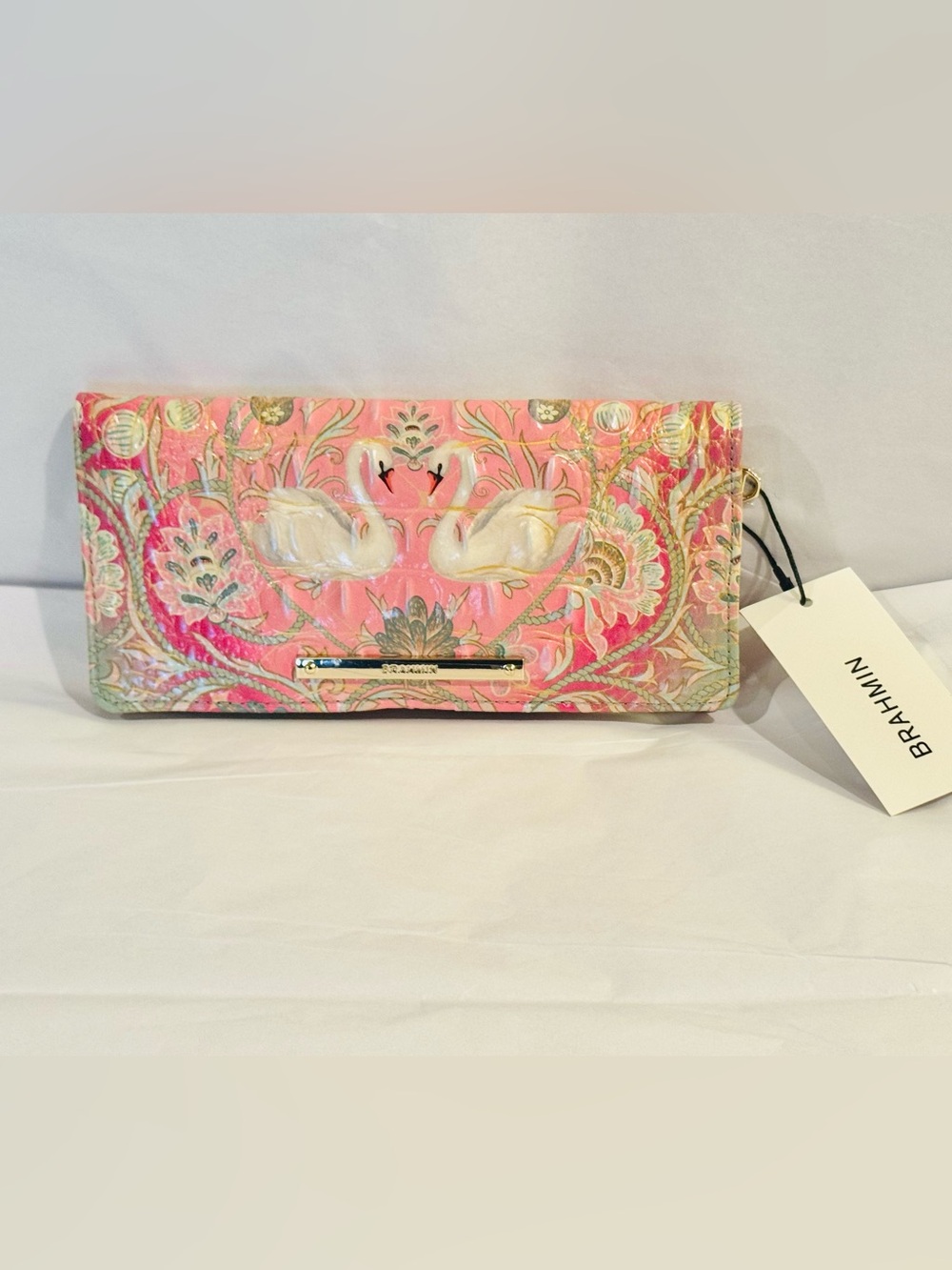 NWT Brahmin Ady Wallet Odette Melbourne Ombre Pink Swan Embossed Leather